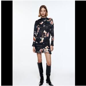 Zara The Camila Mini Dress Black Size S Floral Long Sleeve Satin Straight Pencil